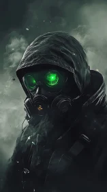 Hooded operative in gas mask rendered with neon green optics