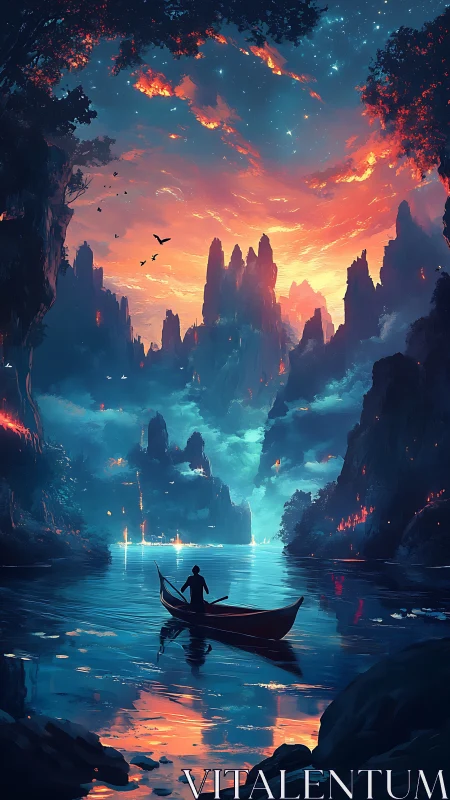 Lone dreamer rows beneath ember-lit twilight cliffs.