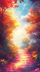 Sunlit autumn path glowing with dream-bright colors.