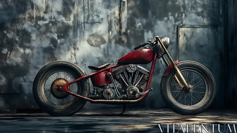 Red vintage bobber motorcycle in weathered urban setting.