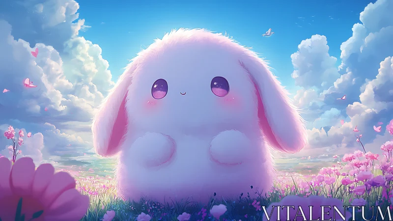 Fluffy pink bunny rests in dreamy flower-filled meadow