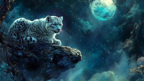 Snow Leopard on Rocky Outcrop Beneath Luminous Moon