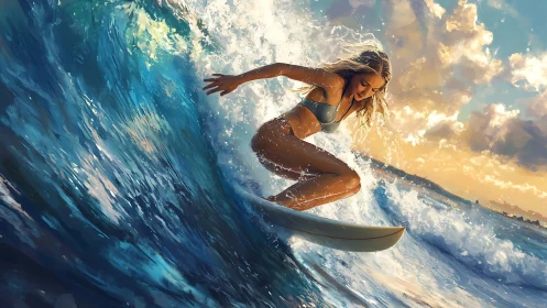 Dynamic digital painting of surfer cutting through sunset wave