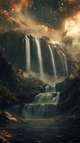 Cosmic cascade over starlit valley waterfall dreamscape.