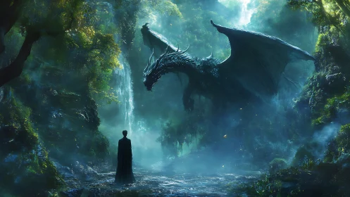 Dark robed figure confronting emerald dragon in misty forest.