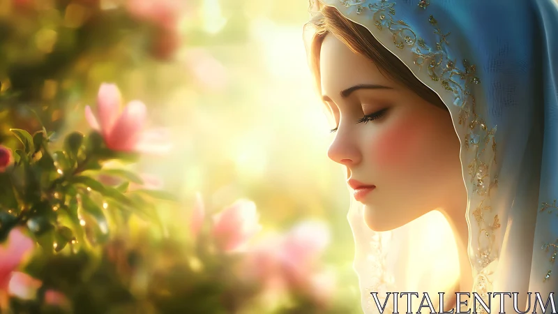 Soft sunlight crowns a veiled maiden in quiet garden prayer