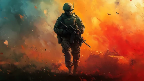 Armed soldier walking through vivid battlefield smoke.