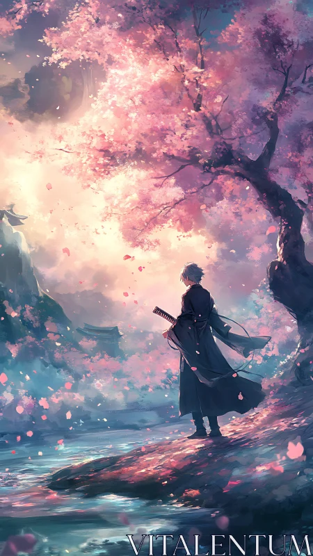 Gentle samurai gazes under glowing cherry blossom sky