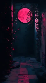 Moonlit corridor glows with crimson light through circular window