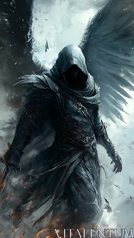 Storm‑forged fallen angel strides through embers and ash.