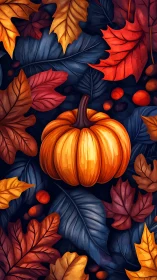 Bright harvest pumpkin rests amid layered autumn leaves