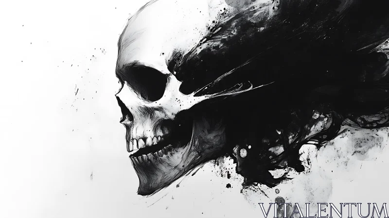 Skull dissolves into swirling black ink on stark white