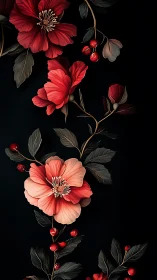 Red botanical blooms arranged vertically against black background with dramatic lighting.