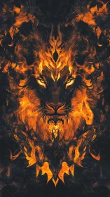 Infernal lion portrait forged from blazing symmetrical fire.