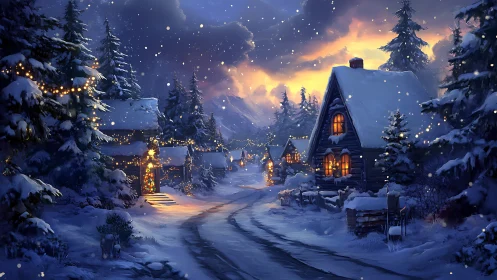 Cozy winter cabin lane glowing under softly falling snow.