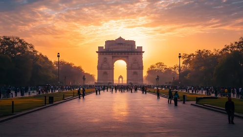 Sunlit axial perspective of India Gate under radiant sky.