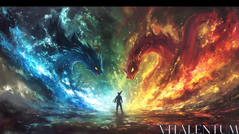 Silhouette confronts elemental fire and water dragons