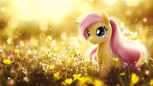 Luminous pastel unicorn filly in volumetric meadow light.