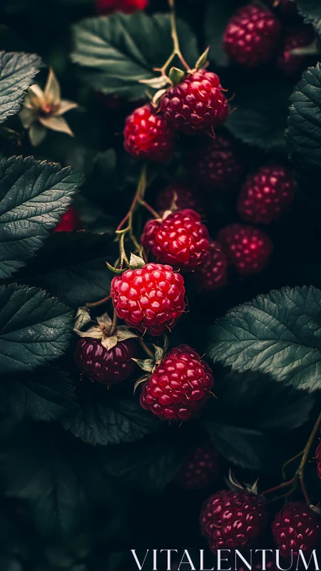 Moody garden raspberries glowing against midnight leaves.