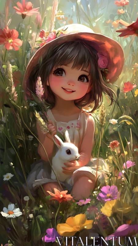 Smiling child cradles white bunny in sunlit wildflower meadow.