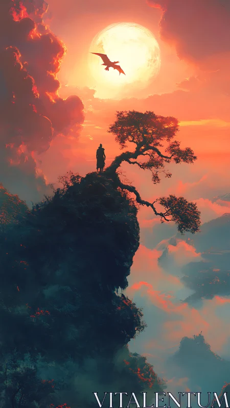 Solitary figure on cliff under dragon and glowing sun.