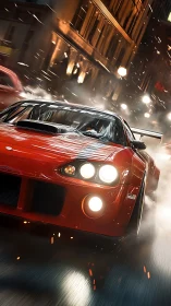 Red tuned sports coupe drifting through wet neon city street