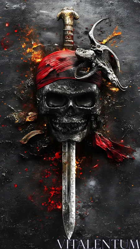 Pirate skull emblem with sword, red bandana, and flames.