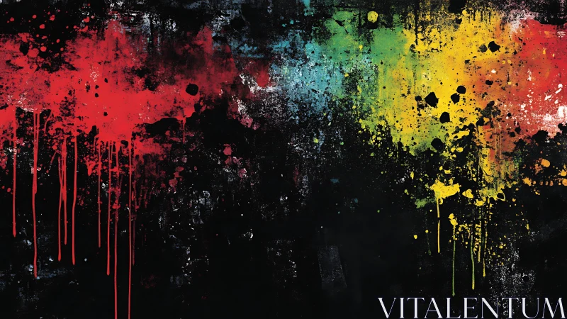 Multicolor pigment splatter on dark textured background.