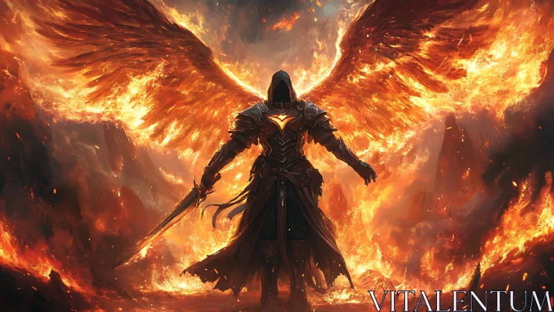 Flaming seraph strides from the inferno with warlit wings