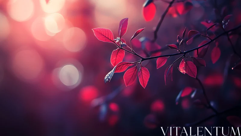 Vibrant red autumn leaves in dreamy bokeh light, nature macro style.