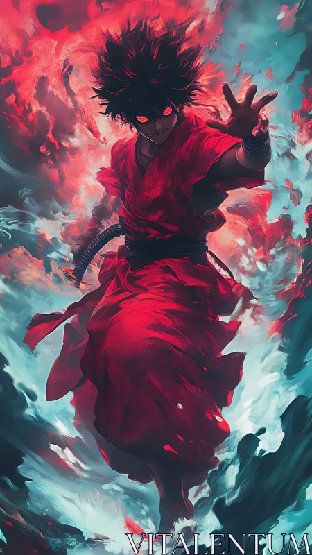 Fiery warrior in red surges through swirling elemental storm