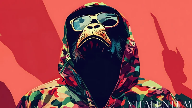 Streetwise chimp portrait in bold camo vector colors.