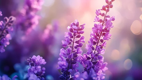 Purple lupine flowers with soft bokeh background light