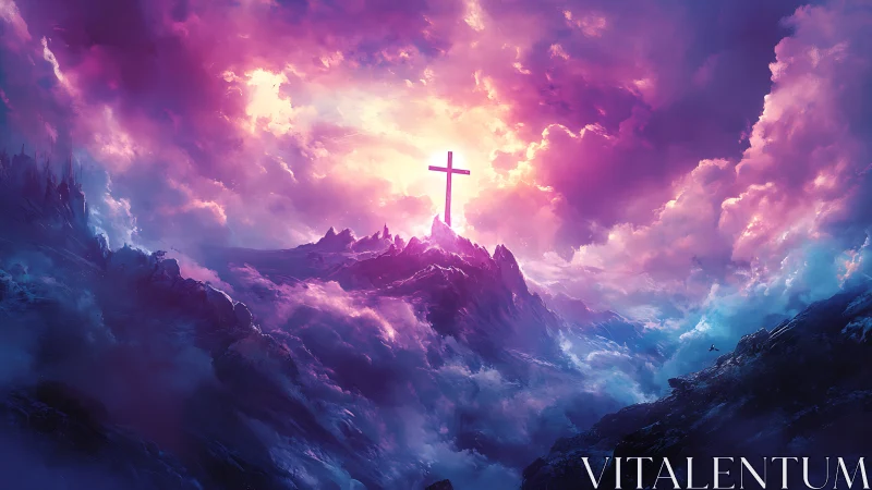 Radiant summit cross beneath storm-kissed celestial dawn.