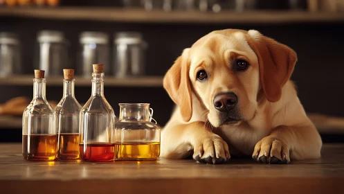 Golden labrador watches glass bottles in warm kitchen light