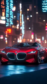 Futuristic red BMW concept car glows under neon city lights