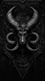 Baroque demonic ram sigil rendered in monochrome relief.