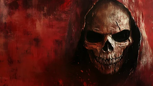 Grim skull figure on red textured abstract background.