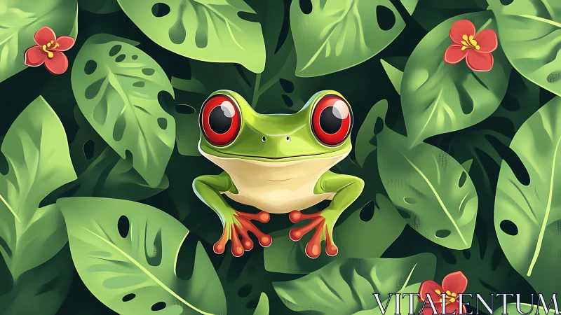Tree frog with large red eyes rests on stylized jungle leaves