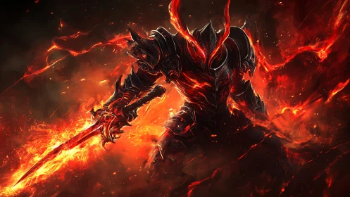 Infernal armored warrior channels molten fire and darkness