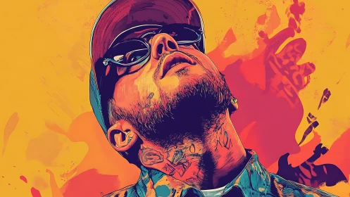 Digital portrait of man in sunglasses on vivid backdrop.