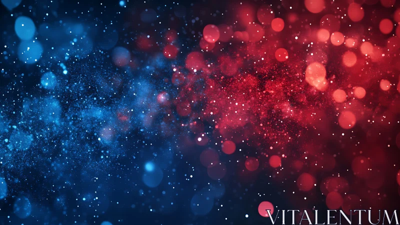 Red and blue bokeh light particles on dark abstract background.