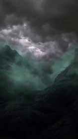 Storm-laden mountain ravine under turbulent emerald fog.