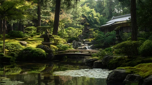 Photorealistic Japanese moss garden stream with timber bridge