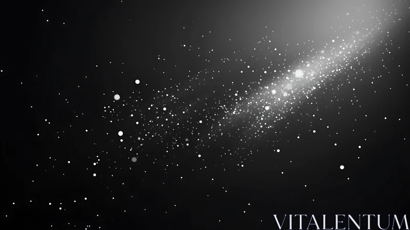 Celestial white particles drift through deep cosmic shadow