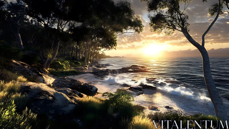 Golden sun sets over rocky forest shoreline at dusk.