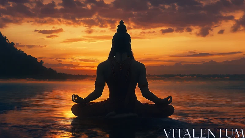 Backlit meditative figure in lotus pose over reflective water