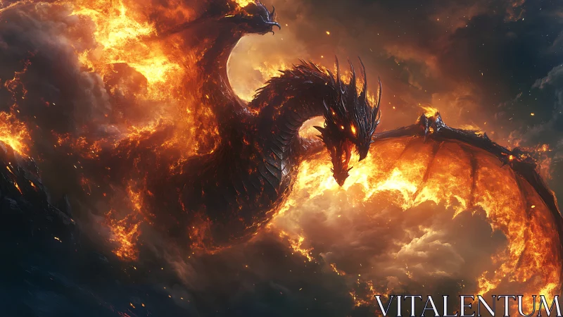 Fiery winged dragon rendered in detailed atmospheric scene