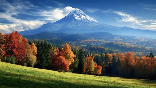 Gentle autumn valley opening toward a snow crowned mountain peak.