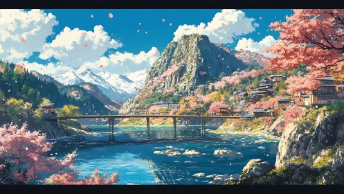 Mountain river village under cherry blossom panorama.